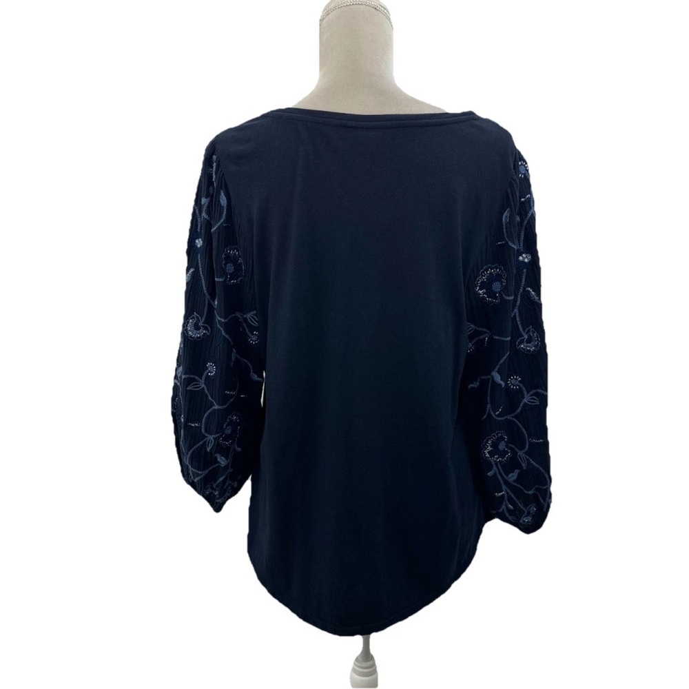 Chico’s Navy Blue Embroidered Long Sleeve Top Size 2 Large Boho Blouse Cotton - Picture 2 of 8